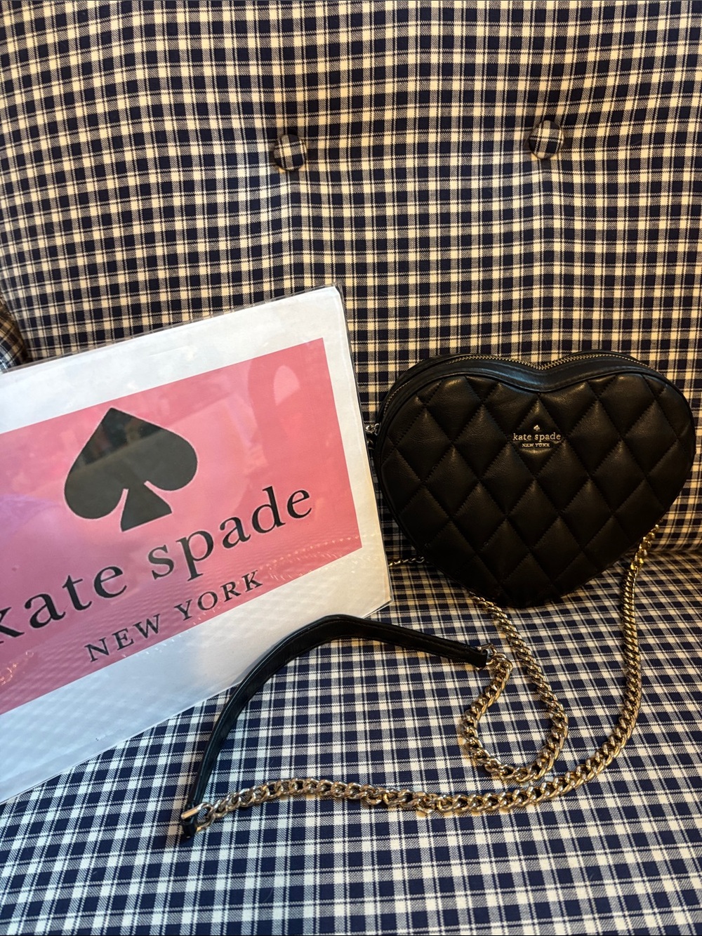kate spade love shack Black Quilted Heart Crossbody with Gold Chain